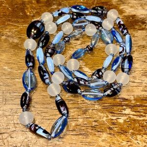 Artisan Blue Lampwork-Style Glass Necklace Long Strand Frosted Swirled Beads